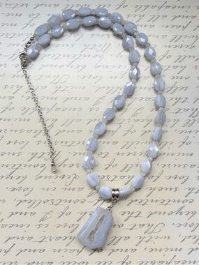 Genuine Blue Lace Agate Druzy Geode Pendant Necklace Sterling Silver